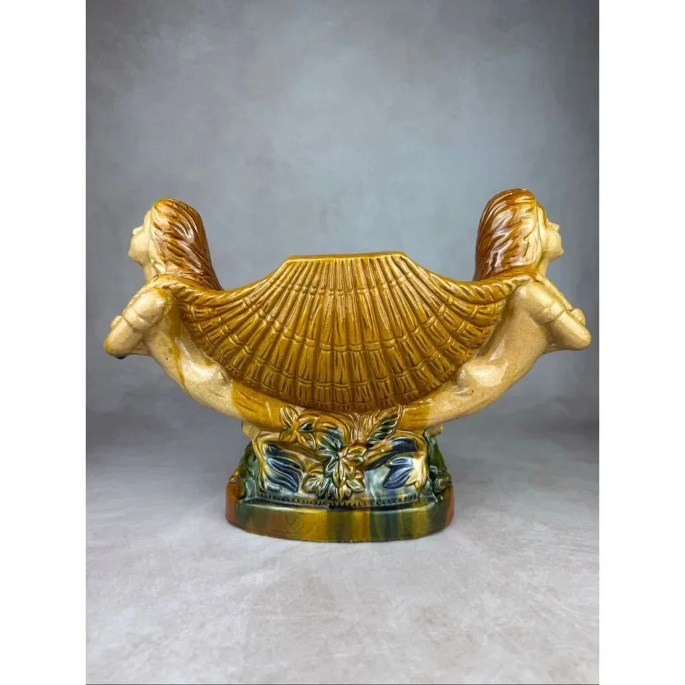 Vintage Mermaid Masthead Nautical Shell Pottery Ceramic Bowl Compote Large Boat - Picture 8 of 12